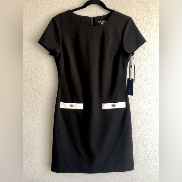 TOMMY HILFIGER Womens Black Button Faux-pocket Short Sleeve Shift Dress 6 - Picture 2 of 4